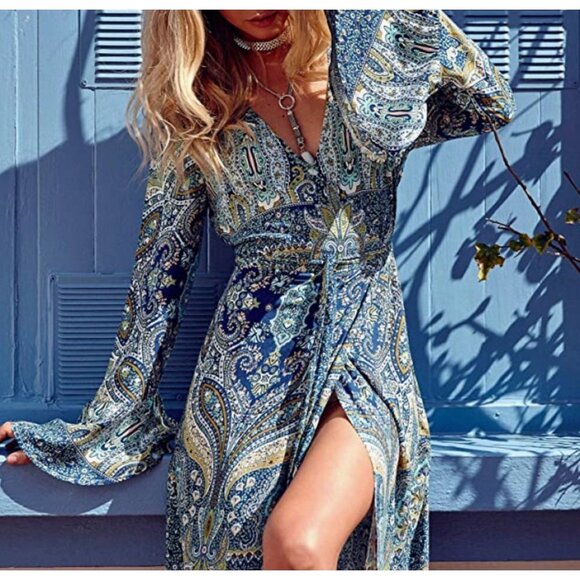 Dresses & Skirts - Boho‎ Blue Paisley Tribal Printed Long Sleeve Wrap V-Neck Leg Slit Maxi Dress